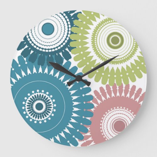 Blue Pink Green Floral Mandalas   Large Clock