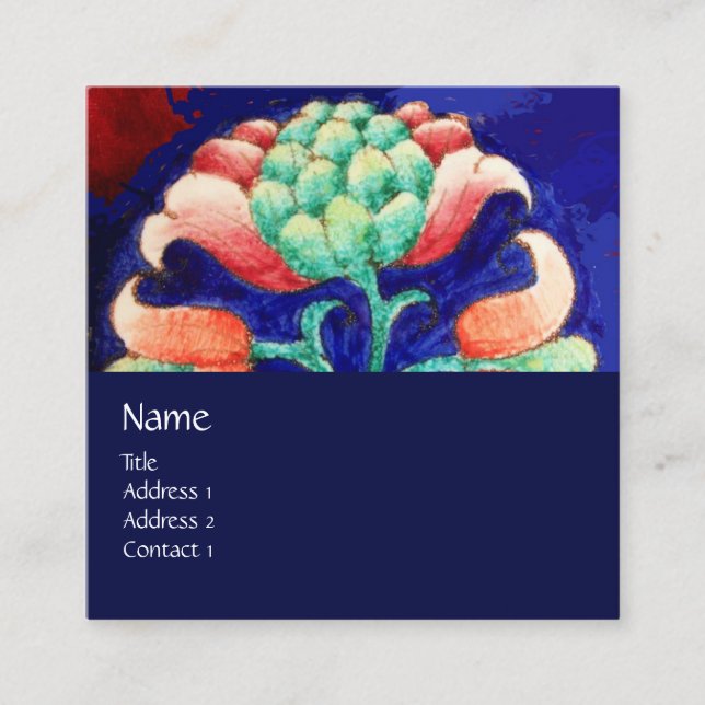 BLUE PINK GREEN FLORAL MONOGRAM Stylized Flower Square Business Card (Front)