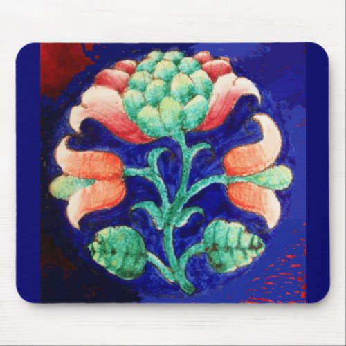 BLUE PINK GREEN FLORAL Stylized Fantasy Flower Mouse Pad