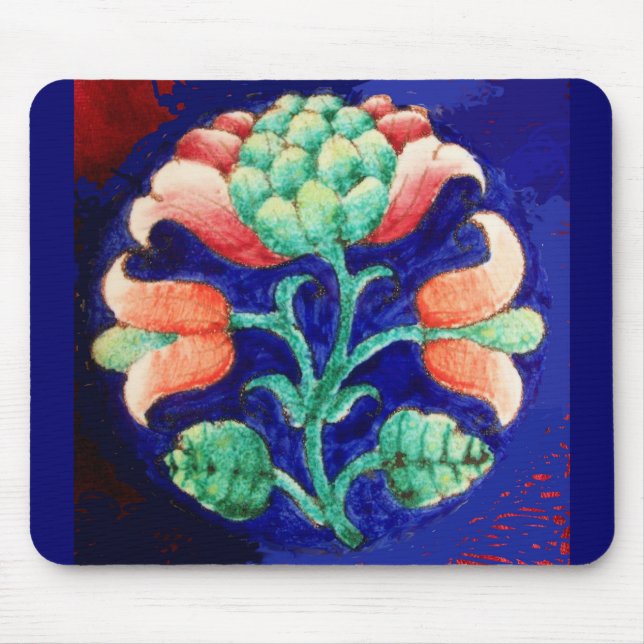BLUE PINK GREEN FLORAL Stylized Fantasy Flower Mouse Pad (Front)