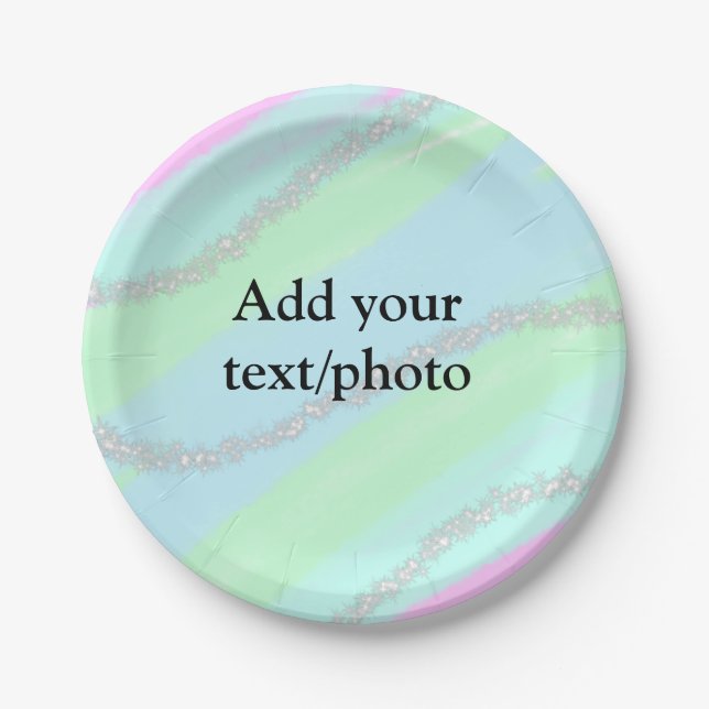 Blue pink green glitter sparkle pastel add name p paper plates (Front)