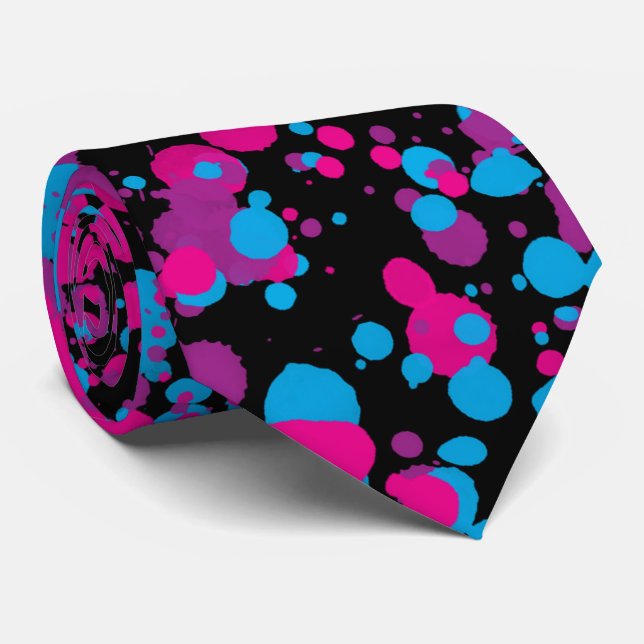 Blue, Pink, Green Paint Splatter Neck Tie (Rolled)