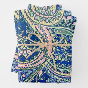 Blue, Pink, Green Paisley Flowers, Leaves Wrapping Paper Sheets