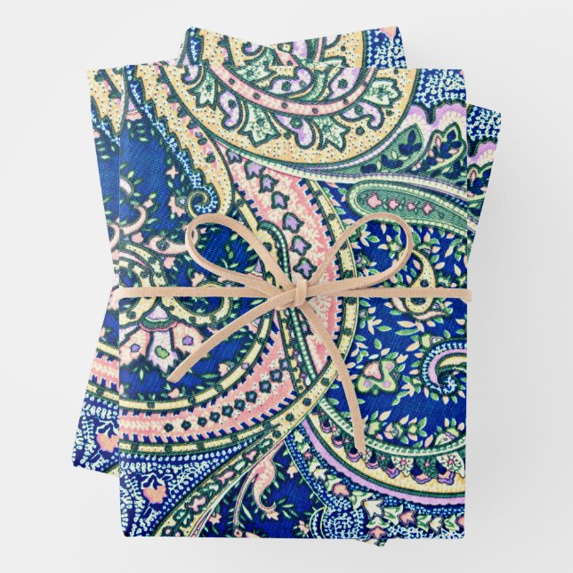 Blue, Pink, Green Paisley Flowers, Leaves  Wrapping Paper Sheets (In situ)