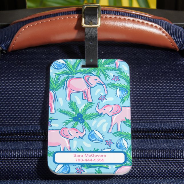 Blue Pink Green Preppy Elephant Luggage Tag (Front Insitu 2)