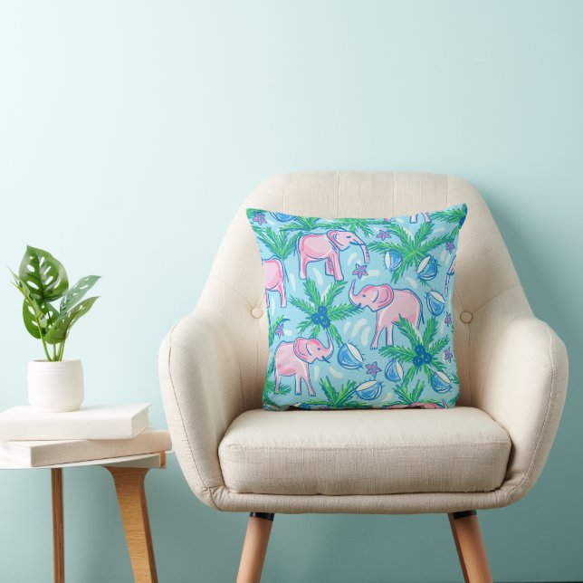 Blue Pink Green Preppy Elephant Throw Pillow (Chair)