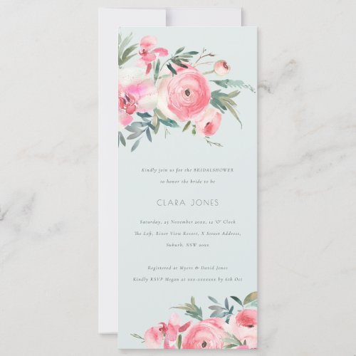 Blue Pink Green Rose Orchid Floral Bridal Shower Invitation