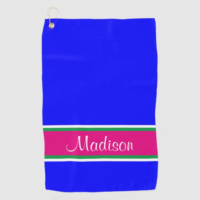 Blue Pink Green Stripe Name Golf Towel (Front)