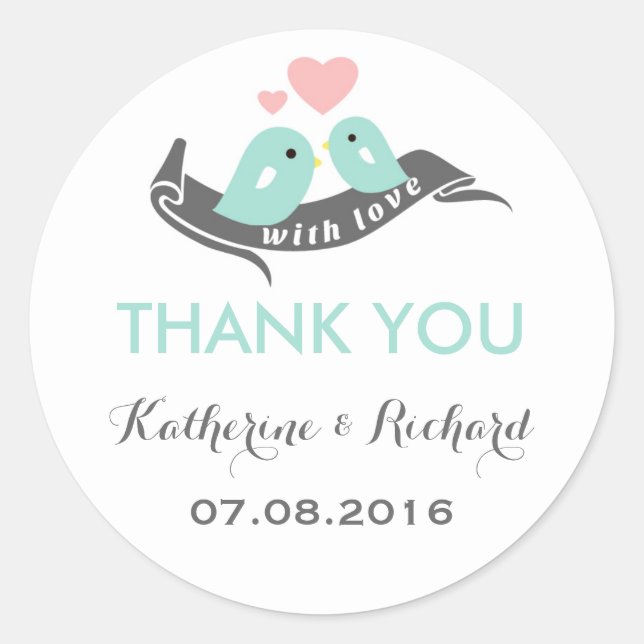 Blue Pink Grey Love Birds Wedding Favor Sticker (Front)