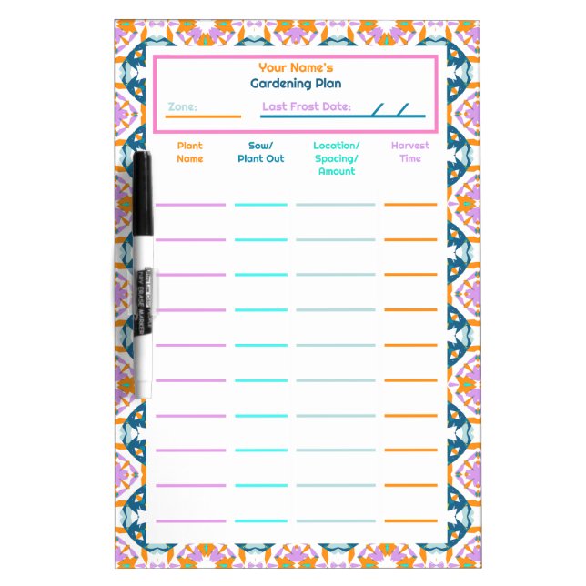 Blue Pink Grow Your Own Gardening Plan Planner Dry Erase Board (Front)