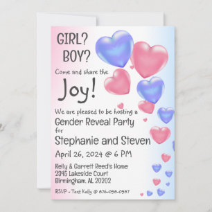 Blue & Pink Heart Balloons Gender Reveal  Invitation