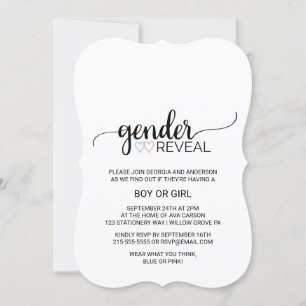 Blue & Pink Heart Black Calligraphy Gender Reveal Invitation