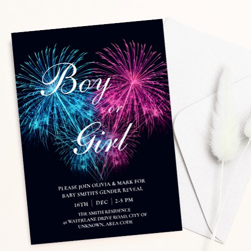 Blue Pink Heart Firework Baby Gender Reveal Invitation