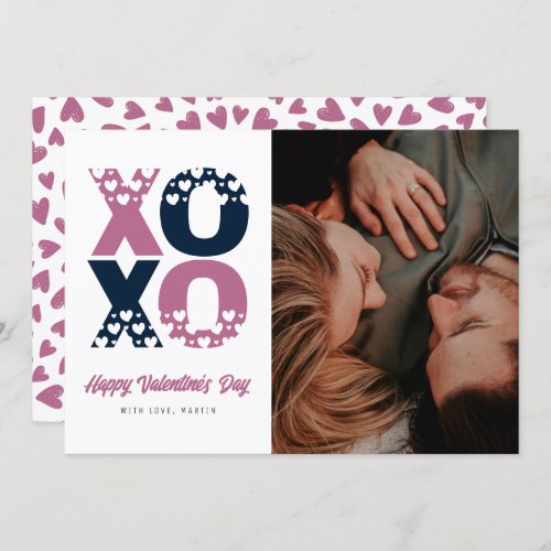 Blue Pink Hearts XOXO Photo Valentines Day Card