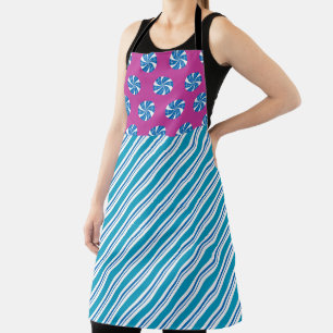 BLUE & PINK HOLIDAY PEPPERMINT CANDY & STRIPES APRON