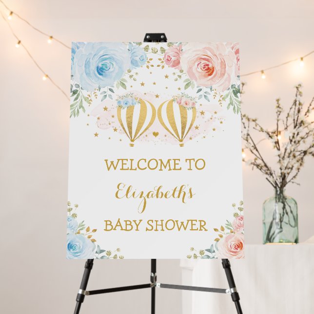 Blue Pink Hot Air Balloon Baby Shower Welcome Foam Board (In Situ (Stand))