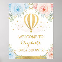 Blue Pink Hot Air Balloon Baby Shower Welcome Poster