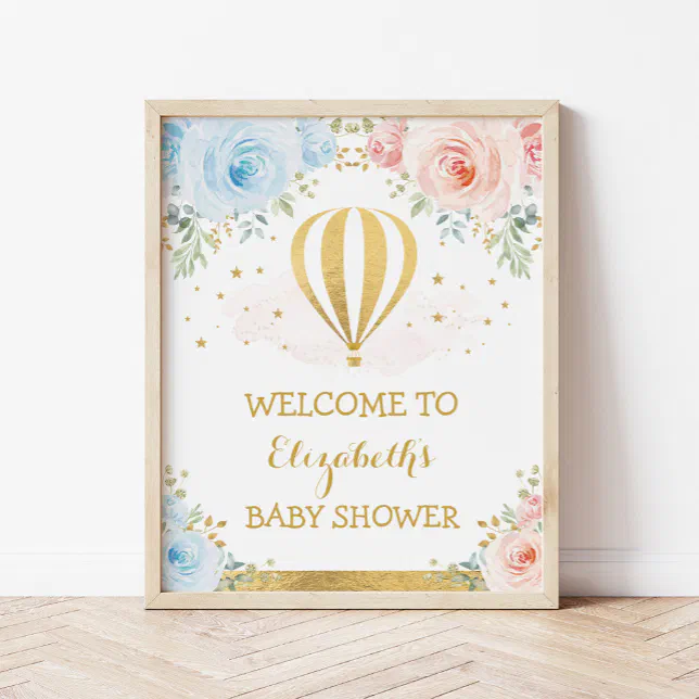 Blue Pink Hot Air Balloon Baby Shower Welcome Poster | Zazzle