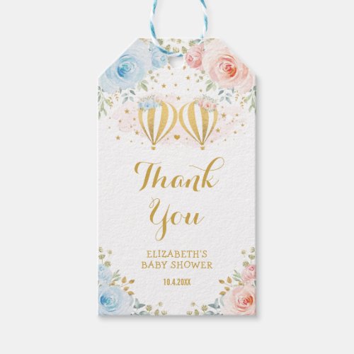 Blue Pink Hot Air Balloon Floral Twin Baby Shower Gift Tags