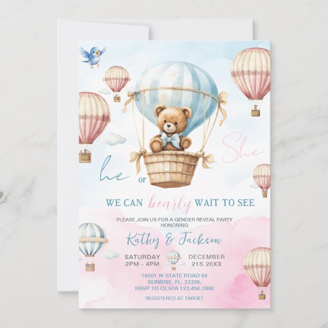 Blue Pink Hot Air Balloon Gender Reveal Invite (Front)