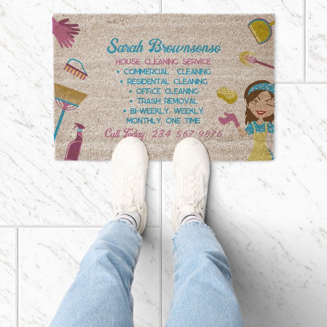Blue Pink Housekeeper cleaning Janitorial Business Fiber Doormat (Insitu)