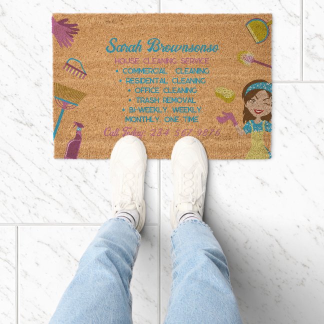 Blue Pink Housekeeper cleaning Janitorial Business Fiber Doormat