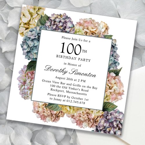 Blue Pink Hydrangea 100th Birthday Party Invitation