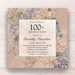 Blue Pink Hydrangea 100th Birthday Party Square Invitation