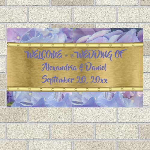 Blue Pink Hydrangea Floral Gold Welcome Banner