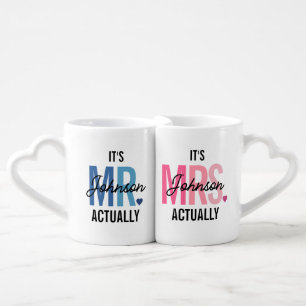 Blue & Pink It's Mr. and Mrs. Actually Custom Name Coffee Mug Set