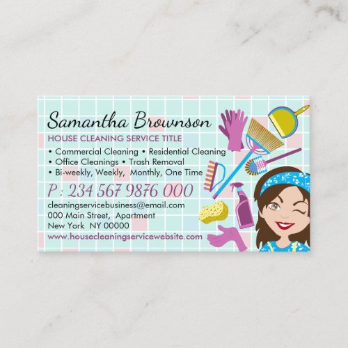 Blue Pink Janitorial Lady Cleaning Appointment Business Card