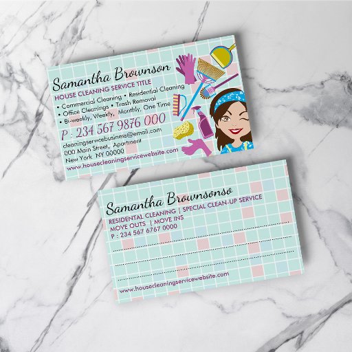 Customizable Blue Pink Janitorial Lady Cleaning Appointment Business Card