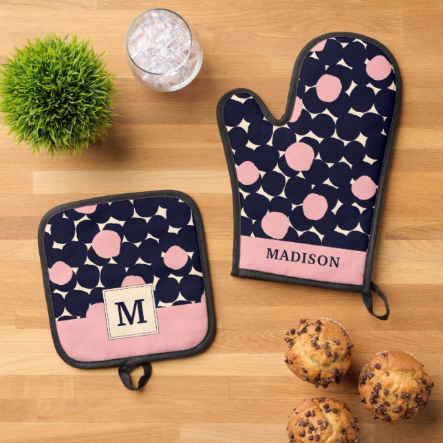 Blue & Pink Large Dot Pattern Oven Mitt & Pot Holder Set (Top Down)