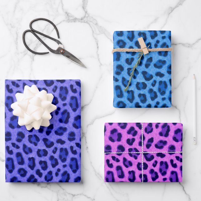 Blue Pink Lavender Leopard Animal Skin Pattern  Wrapping Paper Sheets (Front)