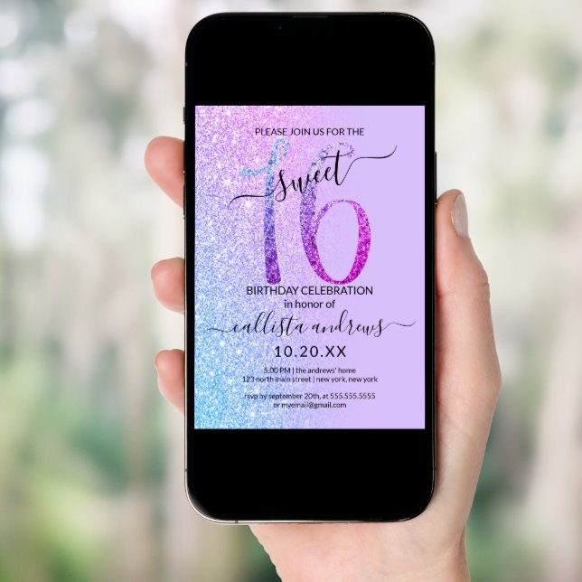 Blue Pink Lavender Silver Glitter Ombre Sweet 16 Invitation (Front Digital)