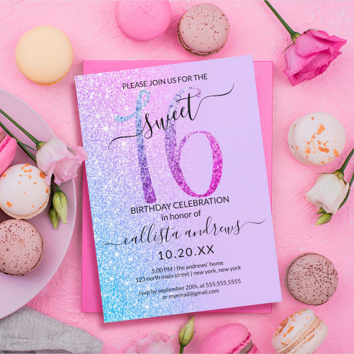 Blue Pink Lavender Silver Glitter Ombre Sweet 16