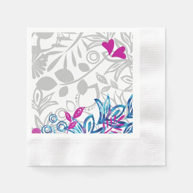 Blue, Pink, Light Gray Floral Paper Napkins (Front)