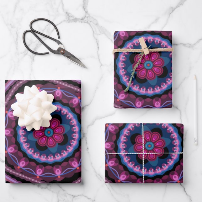 Blue Pink Lilac Mandala  Wrapping Paper Sheets (Front)