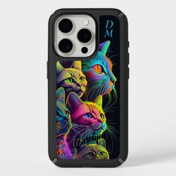 Blue Pink Lime Psychedelic Cats Monogram Iphone 15 Pro Case by MegaCase at Zazzle