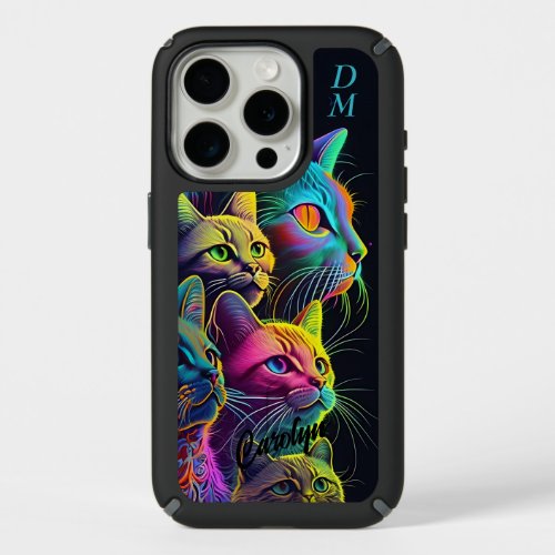 Blue Pink Lime Psychedelic Cats Monogram iPhone 15 Pro Case