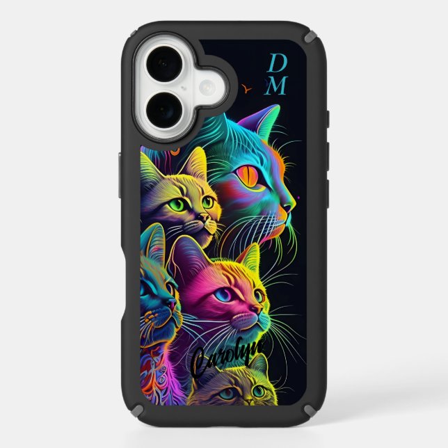 Blue Pink Lime Psychedelic Cats Monogram Speck iPhone Case (Front)
