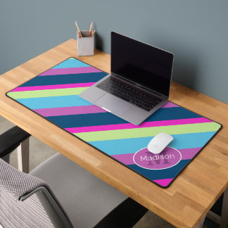 Blue pink lime retro geometric lines Monogram Desk Mat