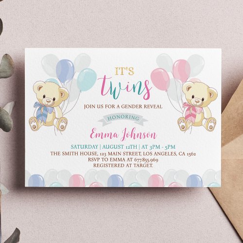 Blue Pink Little Teddy Bear Baby Shower Invitation