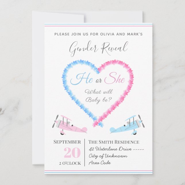 Blue Pink Love Heart Smoke Airplane Gender Reveal Invitation (Front)