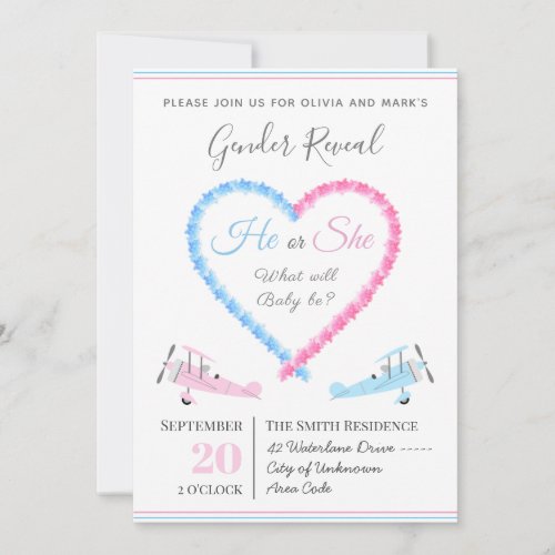 Blue Pink Love Heart Smoke Airplane Gender Reveal Invitation