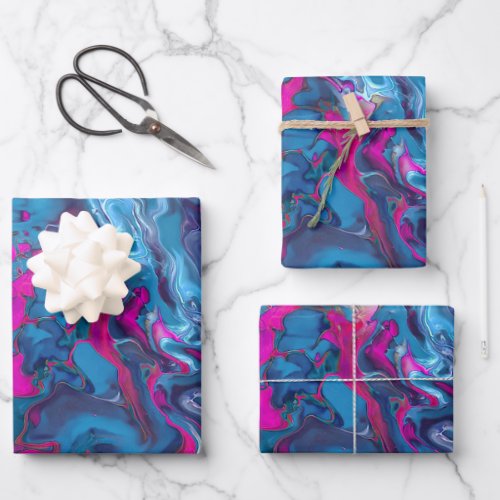 Blue  Pink Marble Acrylic Abstraction Wrapping Paper Sheets