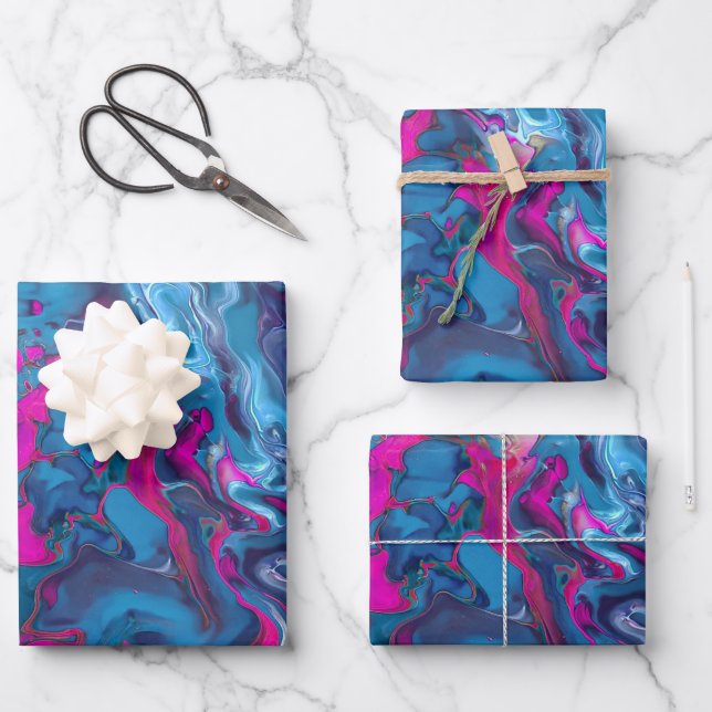 Blue & Pink Marble Acrylic Abstraction Wrapping Paper Sheets (Front)