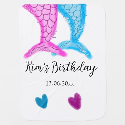 blue pink mermaid watercolor add name birthday  baby blanket