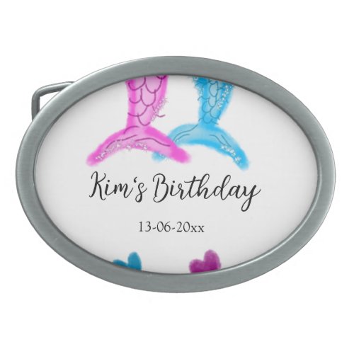 blue pink mermaid watercolor add name birthday  belt buckle
