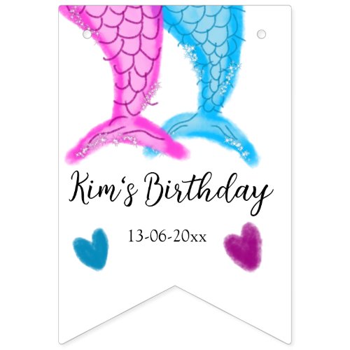 blue pink mermaid watercolor add name birthday  bunting flags